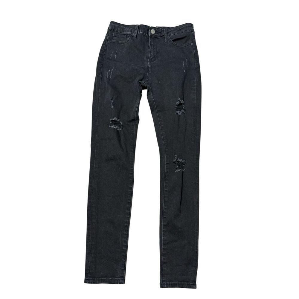 Simple Society Womens Junior Size 7/28 Black Skinny Distressed Dark Stretch Jean